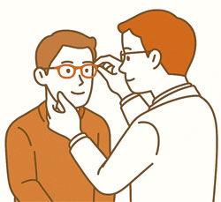眼鏡を調整しているスタッフと顧客のイラスト